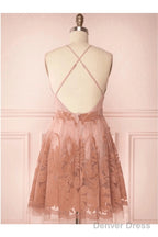Spaghetti Straps Short Pink Homecoming Dresses Criss Cross Back