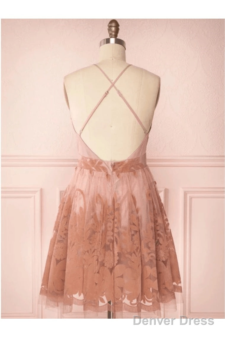 Spaghetti Straps Short Pink Homecoming Dresses Criss Cross Back