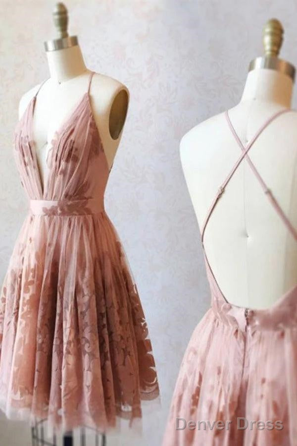 Spaghetti Straps Short Pink Homecoming Dress Criss Cross Back Main image