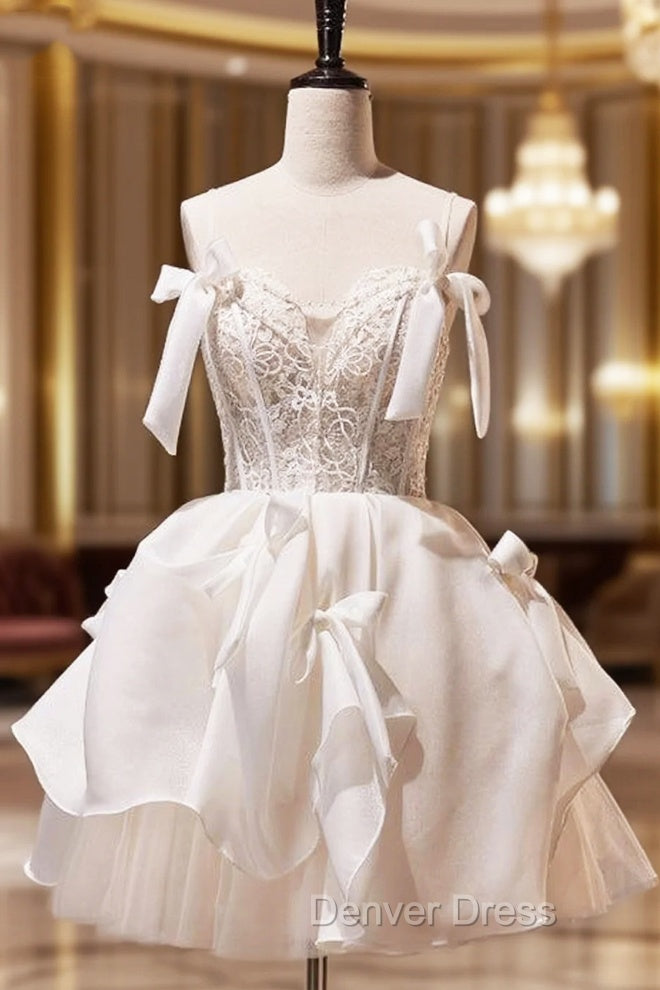 Spaghetti Straps Short Prom Dresses with Lace, Homecoming Gown with Bowknot Main image