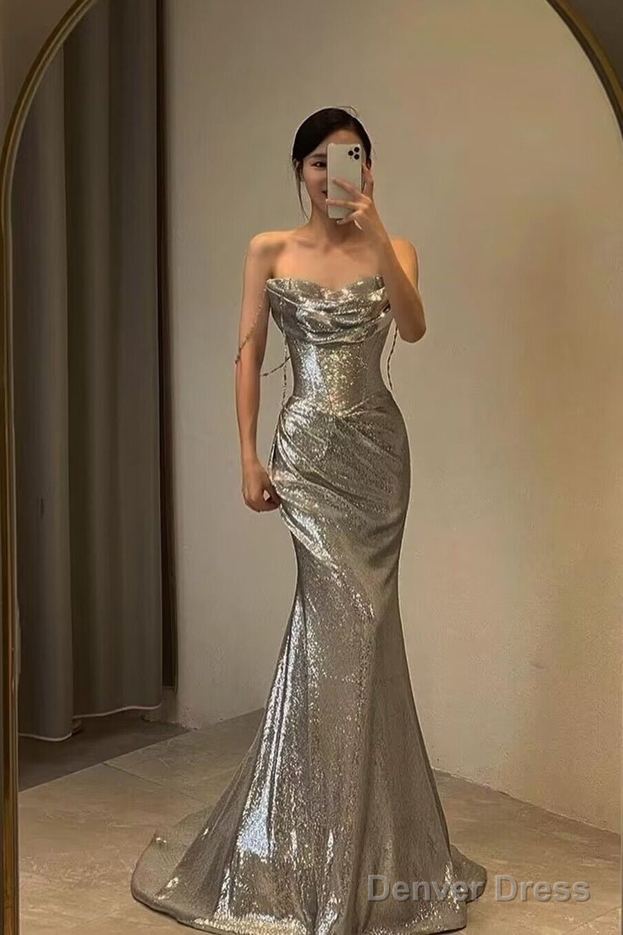 Spaghetti Straps Silver Mermaid Long Prom Dresses Main image
