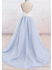 Spaghetti Straps Sweep Train Backless Light Blue Tulle Prom Dress Evening Dress