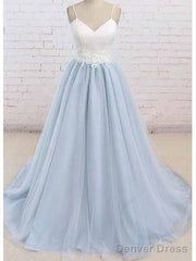 Spaghetti Straps Sweep Train Backless Light Blue Tulle Prom Dress Evening Dress