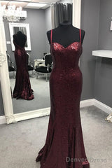 Spaghetti Straps Sweetheart Mermaid Sequins Prom Dresses
