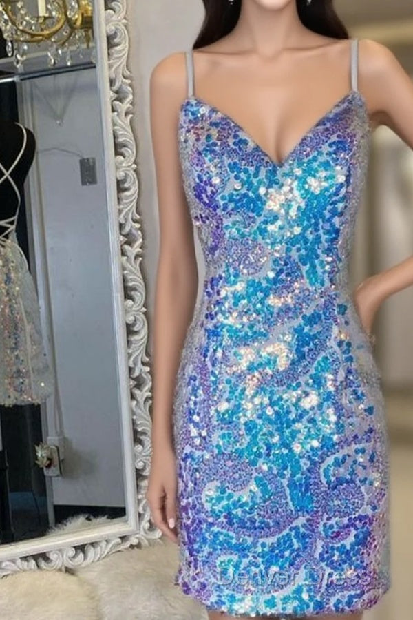 Spaghetti Straps Tight Blue Sequins Homecoming Dress Prom Dresses