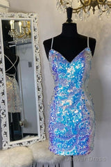 Spaghetti Straps Tight Blue Sequins Homecoming Dress Party Dress