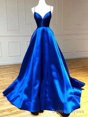 Spaghetti Straps V-Neck A-Line Royal Blue Prom Dress,