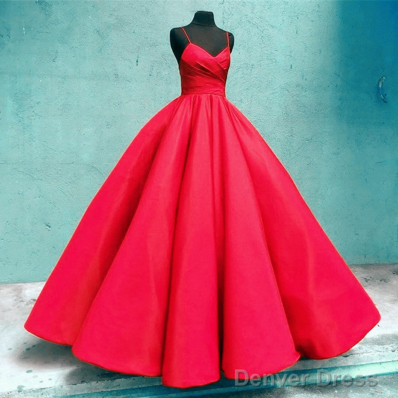 Spaghetti Straps V-Neck Ball Gowns Prom Satin Dresses
