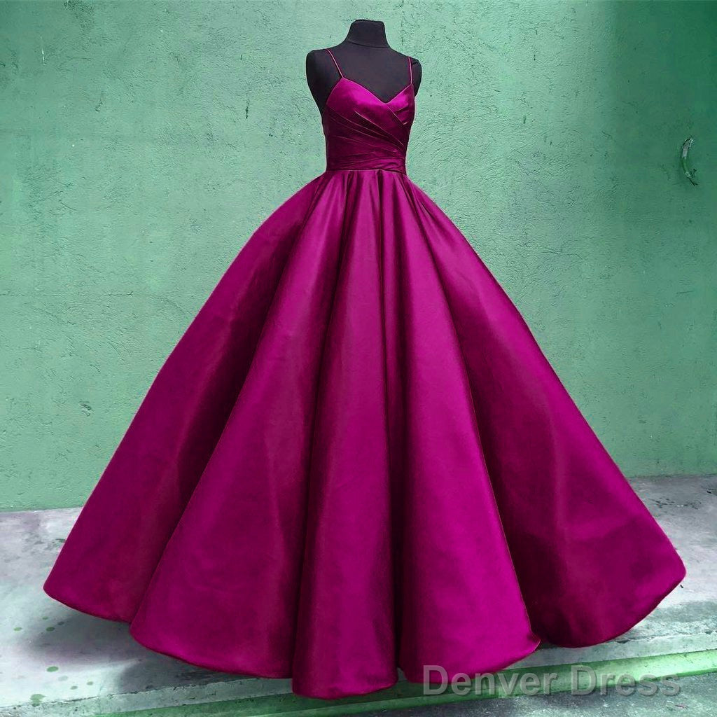 Spaghetti Straps V-Neck Ball Gowns Prom Satin Dresses