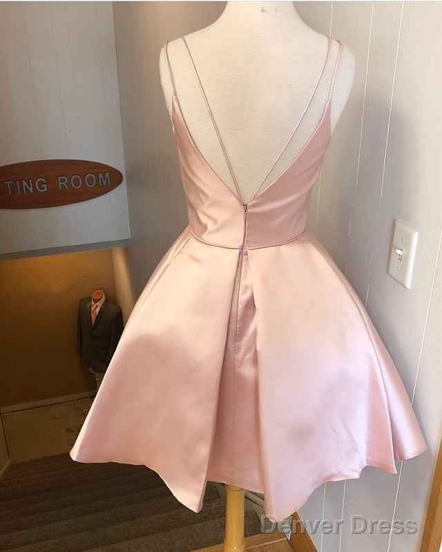 Spaghetti Straps V Neck Homecoming Dress Satin Cocktail Dresses