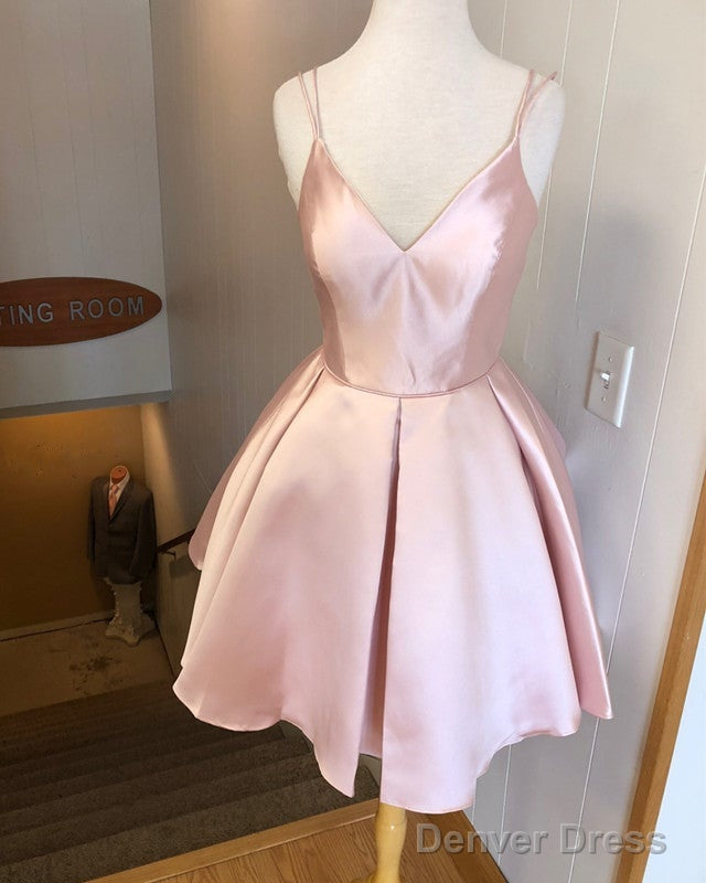 Spaghetti Straps V Neck Homecoming Dress Satin Cocktail Dresses