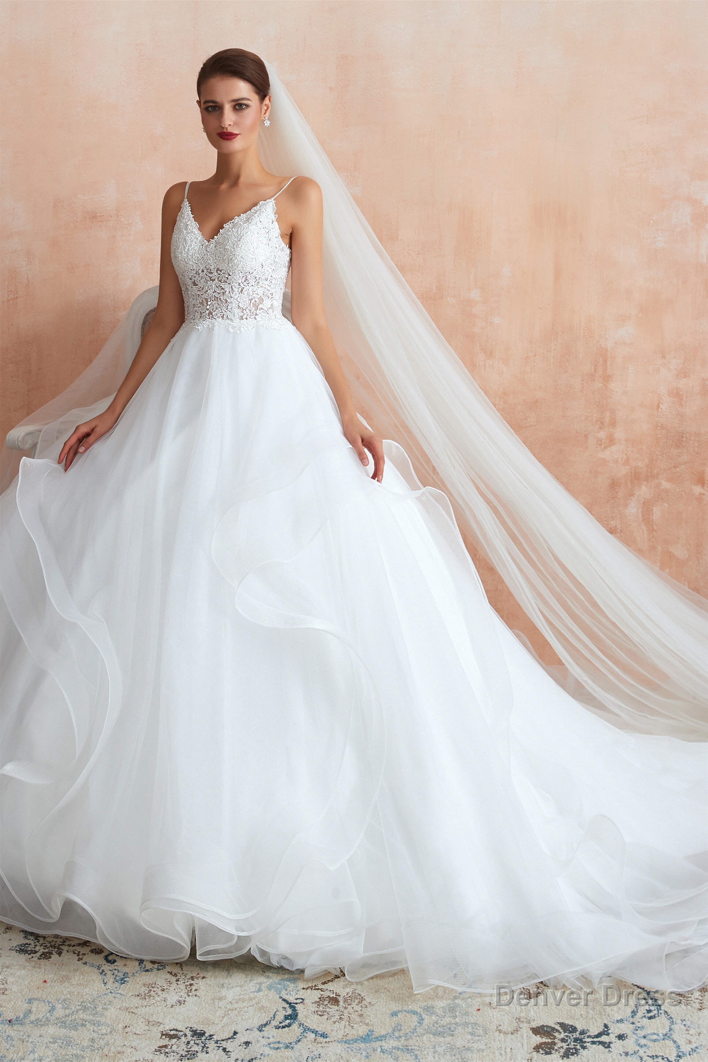 Spaghetti Straps V-neck Lace Organza Tiered A-line Wedding Dresses Main image