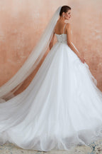 Spaghetti Straps V Neck Lace Organza Tiered A Line Wedding Dresses