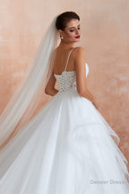 Spaghetti Straps V Neck Lace Organza Tiered A Line Wedding Dresses