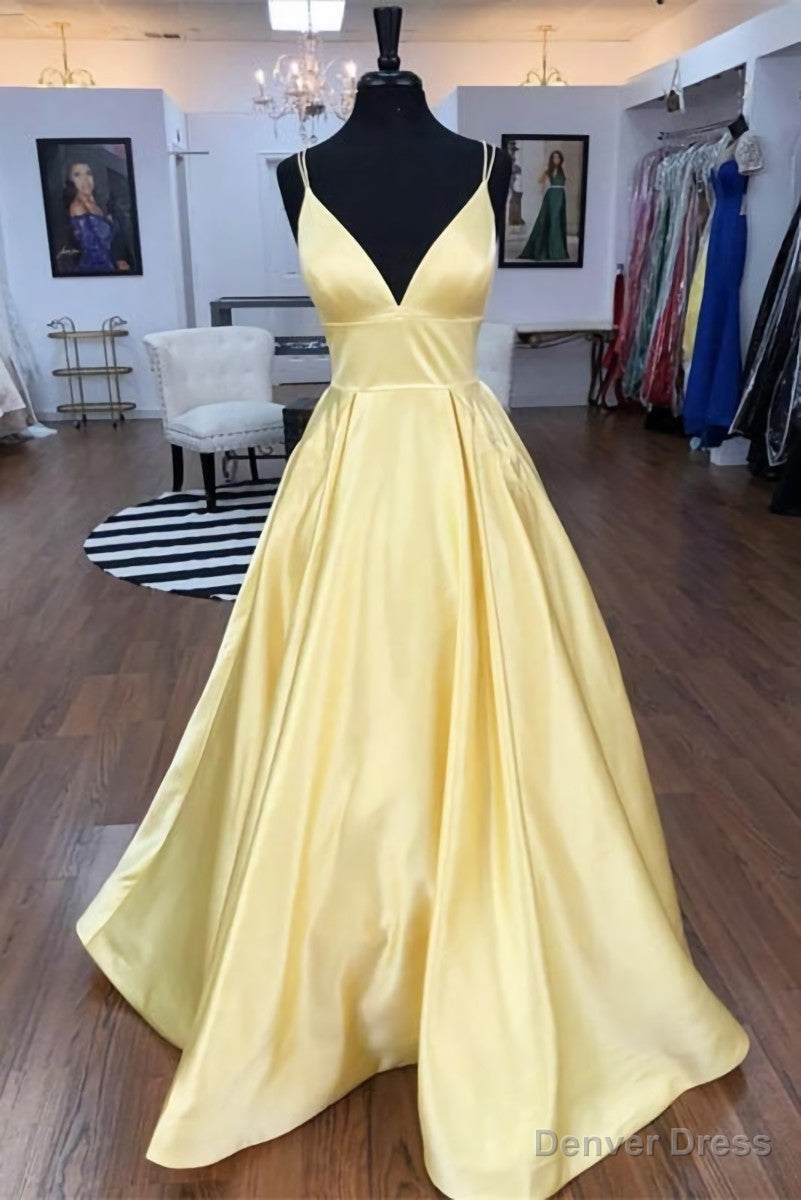 Spaghetti Straps V-neck Long Daffodil Simple Satin Prom Dresses Secondary image