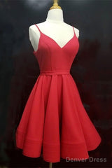 Spaghetti Straps V-Neck Satin Homecoming Dresses Ball Gown Party Dress