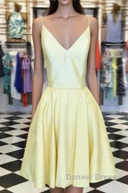 Spaghetti Straps V Neck Satin Homecoming Dress Short Mini Cocktail Dresses