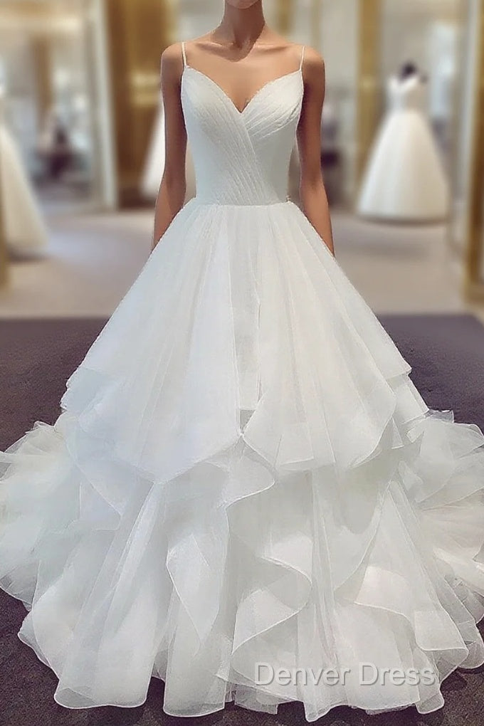 Spaghetti Straps V Neck White Wedding Dress, V Neck White Puffy Wedding Gowns, Bridal Dresses Main image