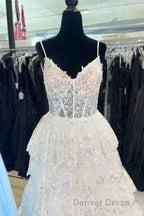 Spaghetti Straps White Layered A Line Prom Dresses with Sequin