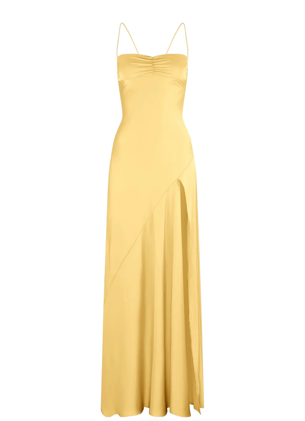 Spaghetti Strps Yellow Slit Long Prom Dresses