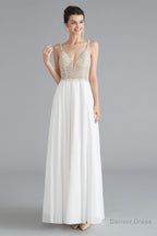 Spaghetti V Neck Beaded Pearls Chiffon Prom Dresses