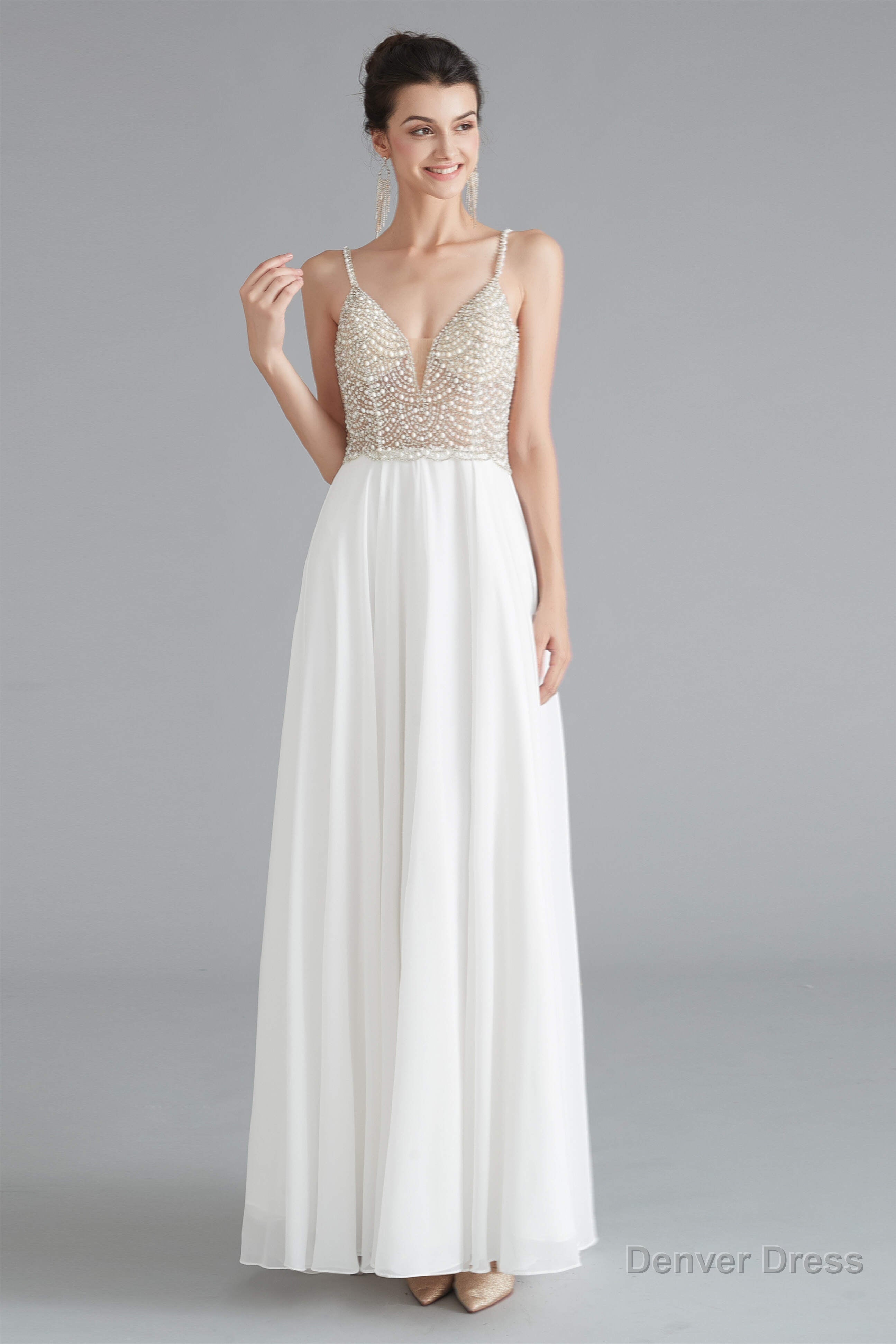 Spaghetti V Neck Beaded Pearls Chiffon Prom Dresses