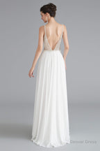 Spaghetti V Neck Beaded Pearls Chiffon Prom Dresses