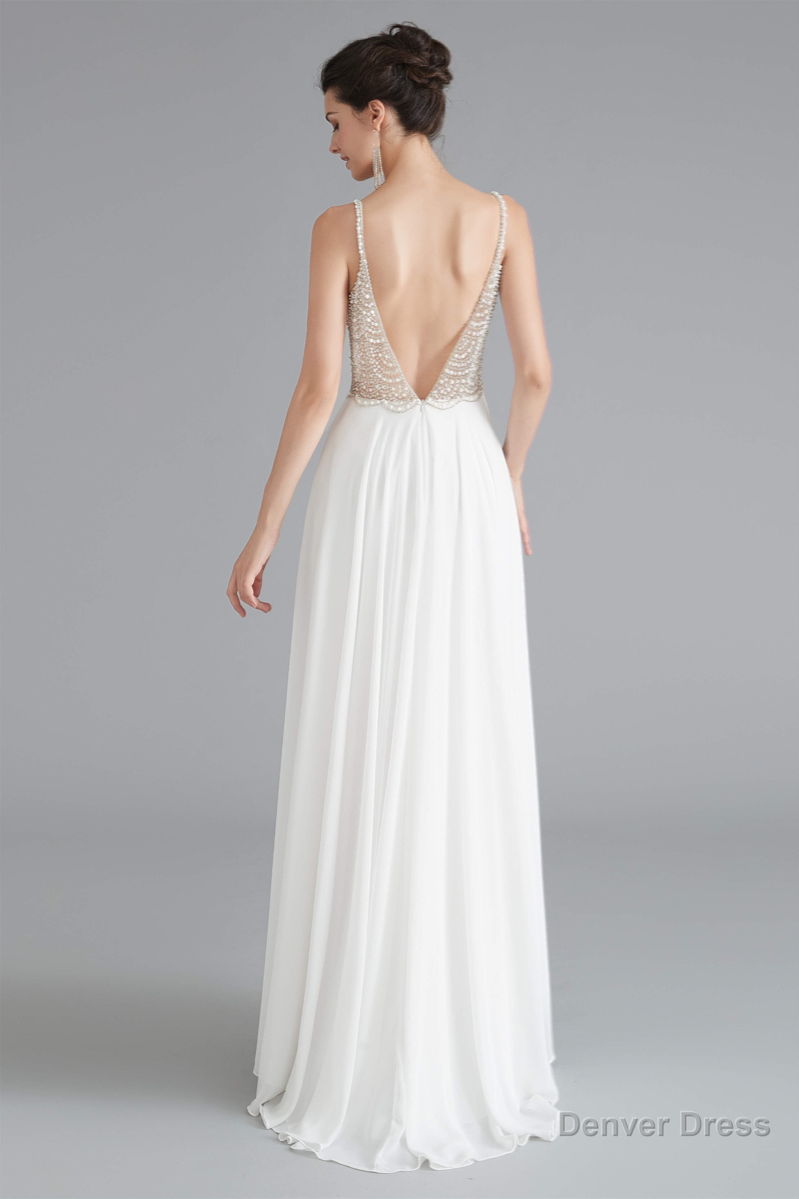 Spaghetti V Neck Beaded Pearls Chiffon Prom Dresses