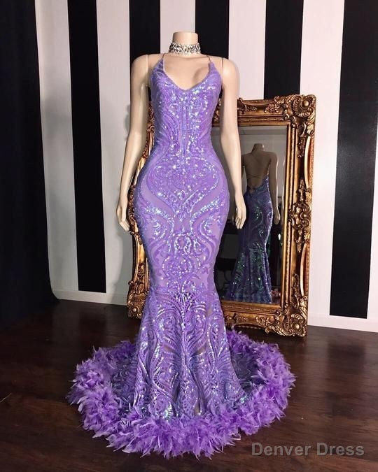 Spaghetti V Neck Sequins Floor Length Fur Train Mermaid Prom Dresses