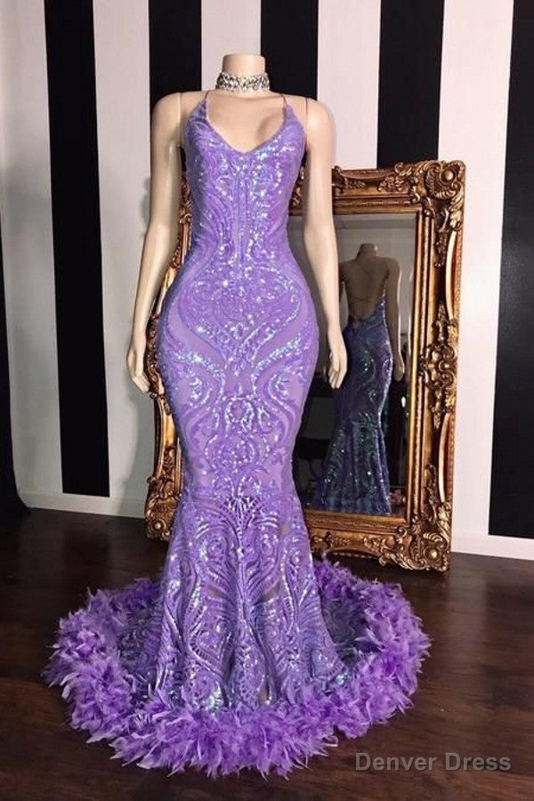 Spaghetti V-neck Sequins Floor Length Fur Train Mermaid Prom Dresses Main image