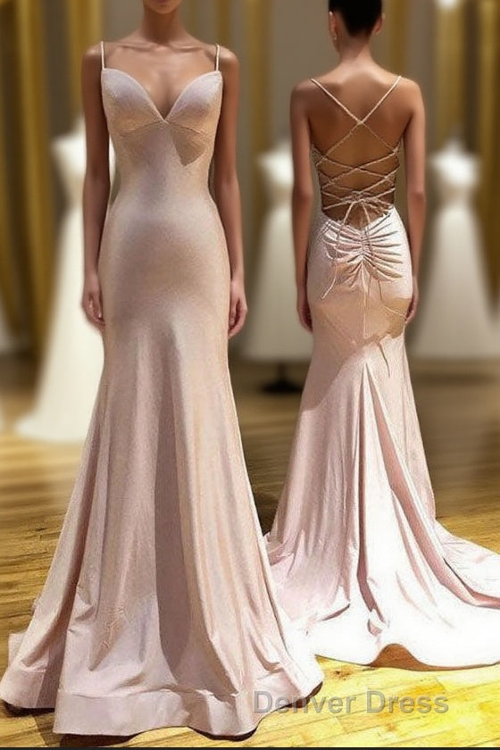 Pink Spaghetti Straps Mermaid Long Prom Dresses, Simple Formal Gown