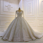 Sparkle 3D Lace Appliques Long Sleevess Church Train Wedding Dresses