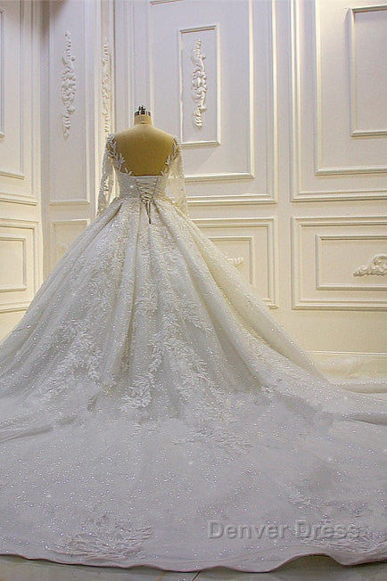 Sparkle 3D Lace Appliques Long Sleevess Church Train Wedding Dresses