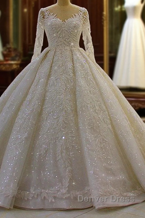 Sparkle 3D Lace Appliques Long Sleevess Church Train Wedding Dresses Main image