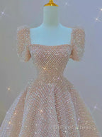 Sparkle A Line Square Neckline Sequin Pink Long Prom Dresses