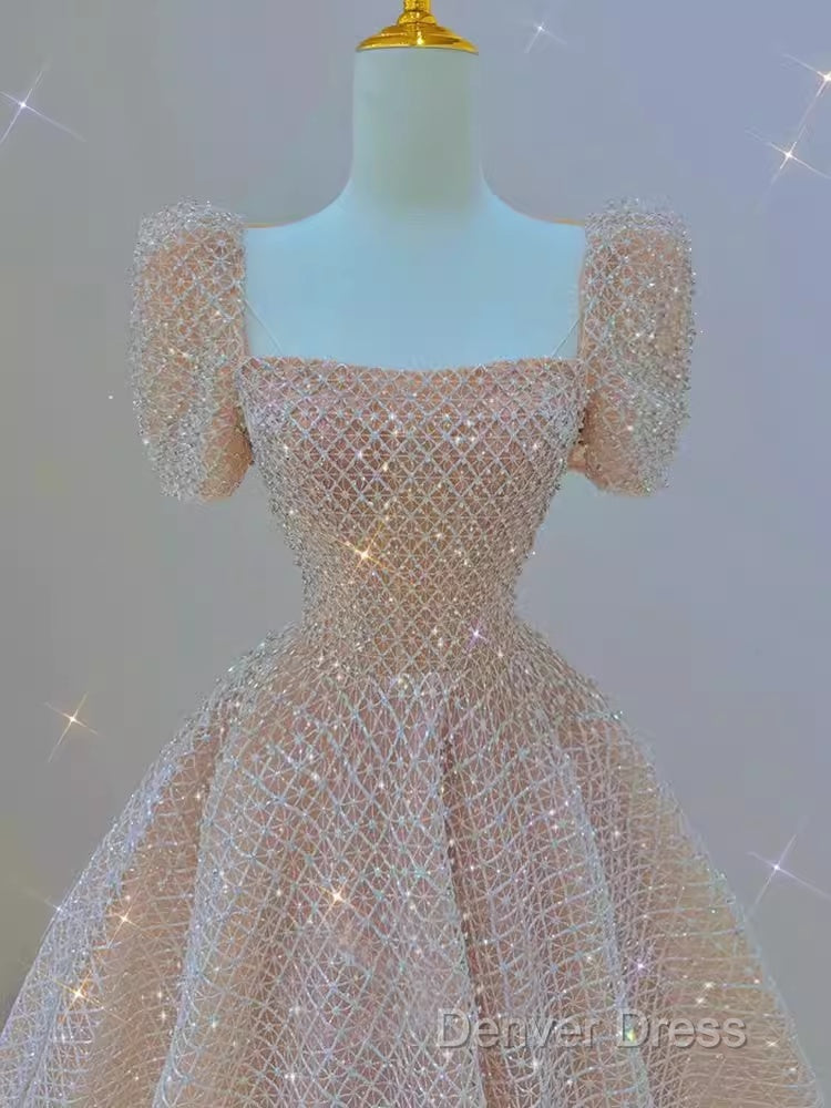 Sparkle A Line Square Neckline Sequin Pink Long Prom Dresses