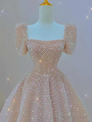 Sparkle A Line Square Neckline Sequin Pink Long Prom Dress