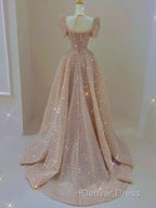 Sparkle A Line Square Neckline Sequin Pink Long Prom Dresses