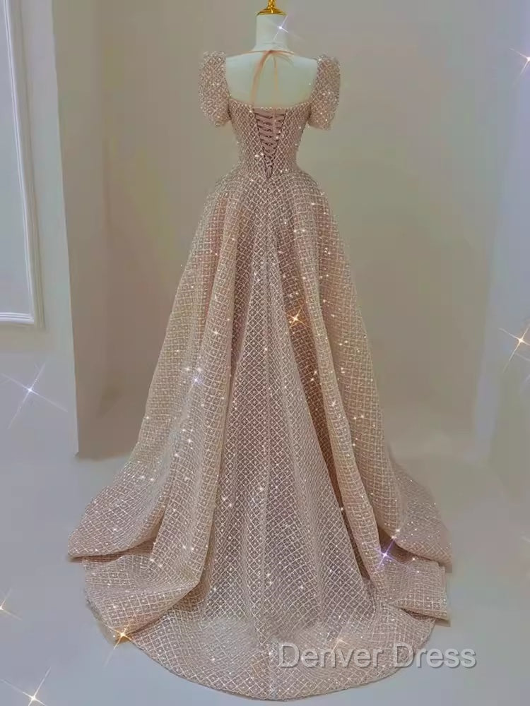 Sparkle A Line Square Neckline Sequin Pink Long Prom Dresses