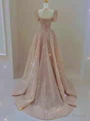 Sparkle A Line Square Neckline Sequin Pink Long Prom Dress