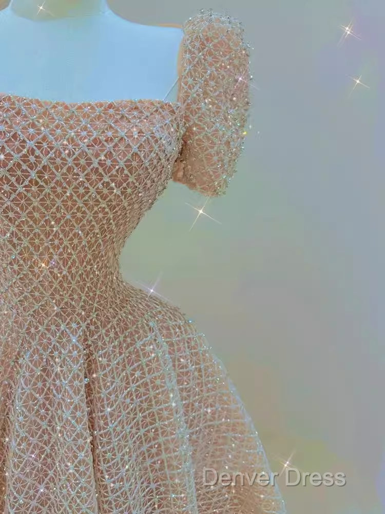 Sparkle A Line Square Neckline Sequin Pink Long Prom Dresses