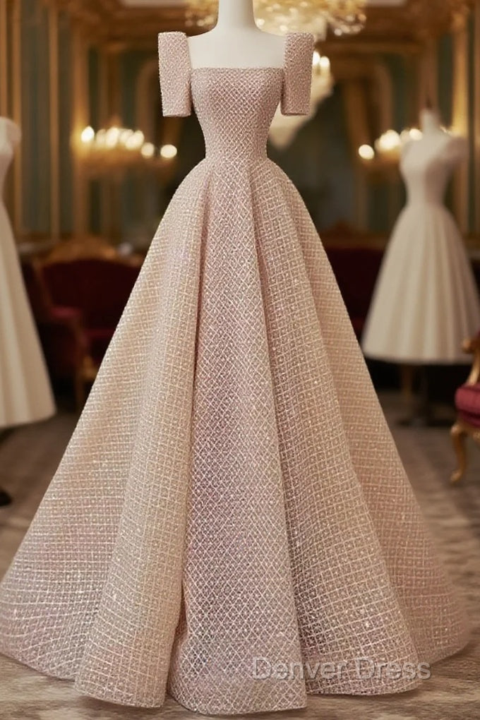 Sparkle A Line Square Neckline Sequin Pink Long Prom Dresses