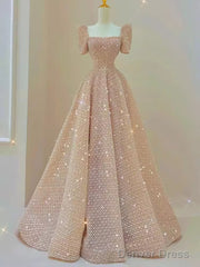 Sparkle A Line Square Neckline Sequin Pink Long Prom Dress