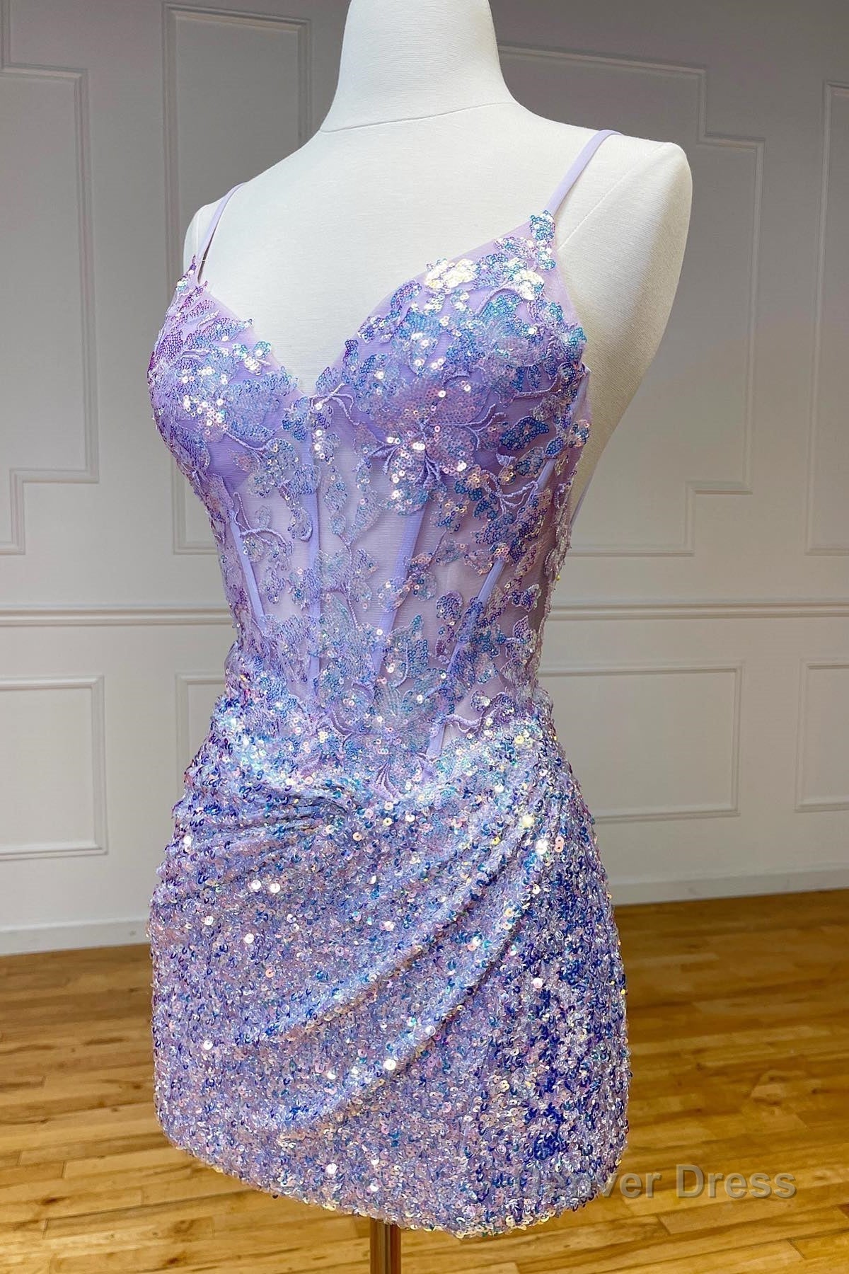 Sparkle Appliques Sequin Bodycon Lilac Homecoming Lace-up Dress