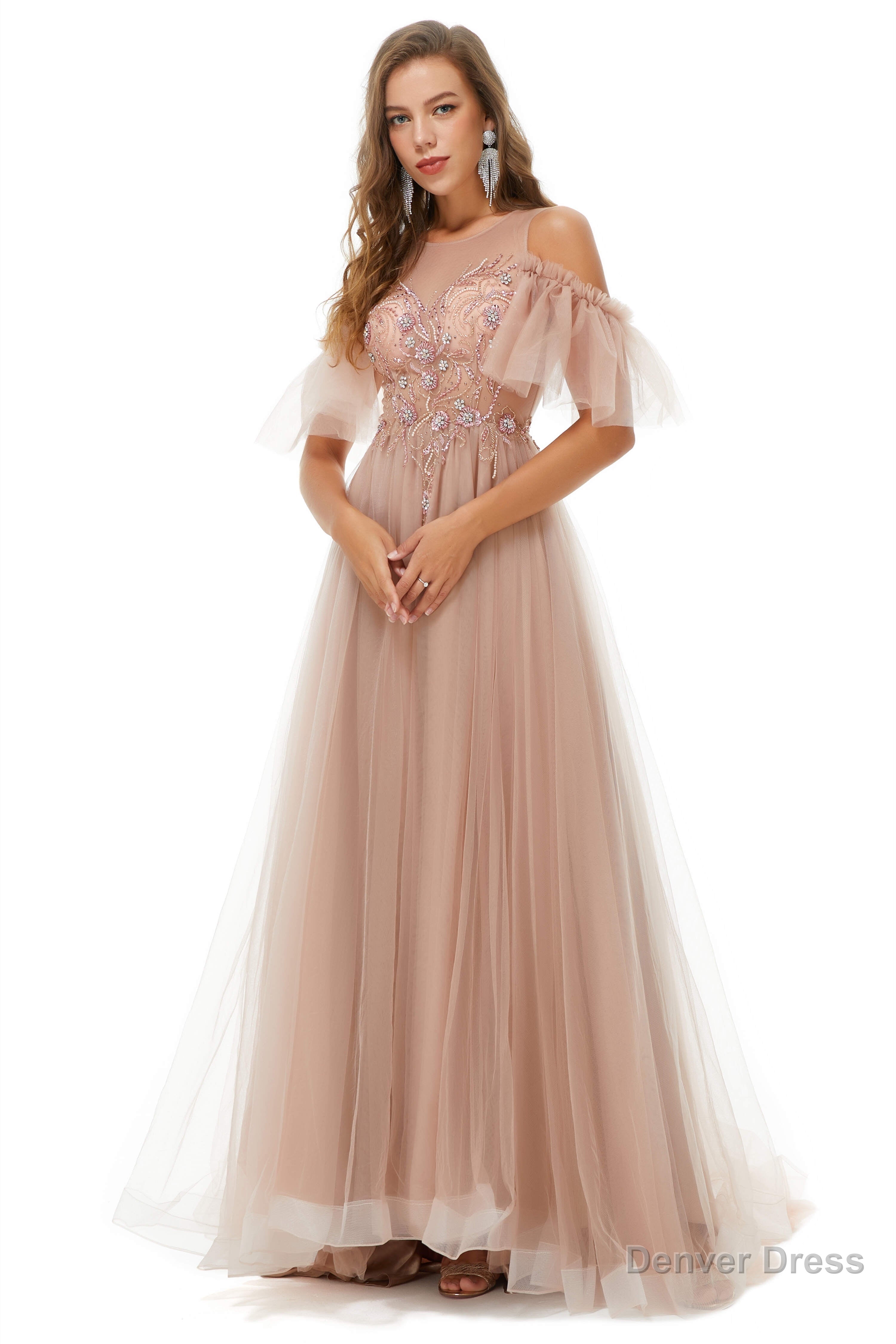 Sparkle Beaded Cool Shoulder A Line Beaded Prom Dresses