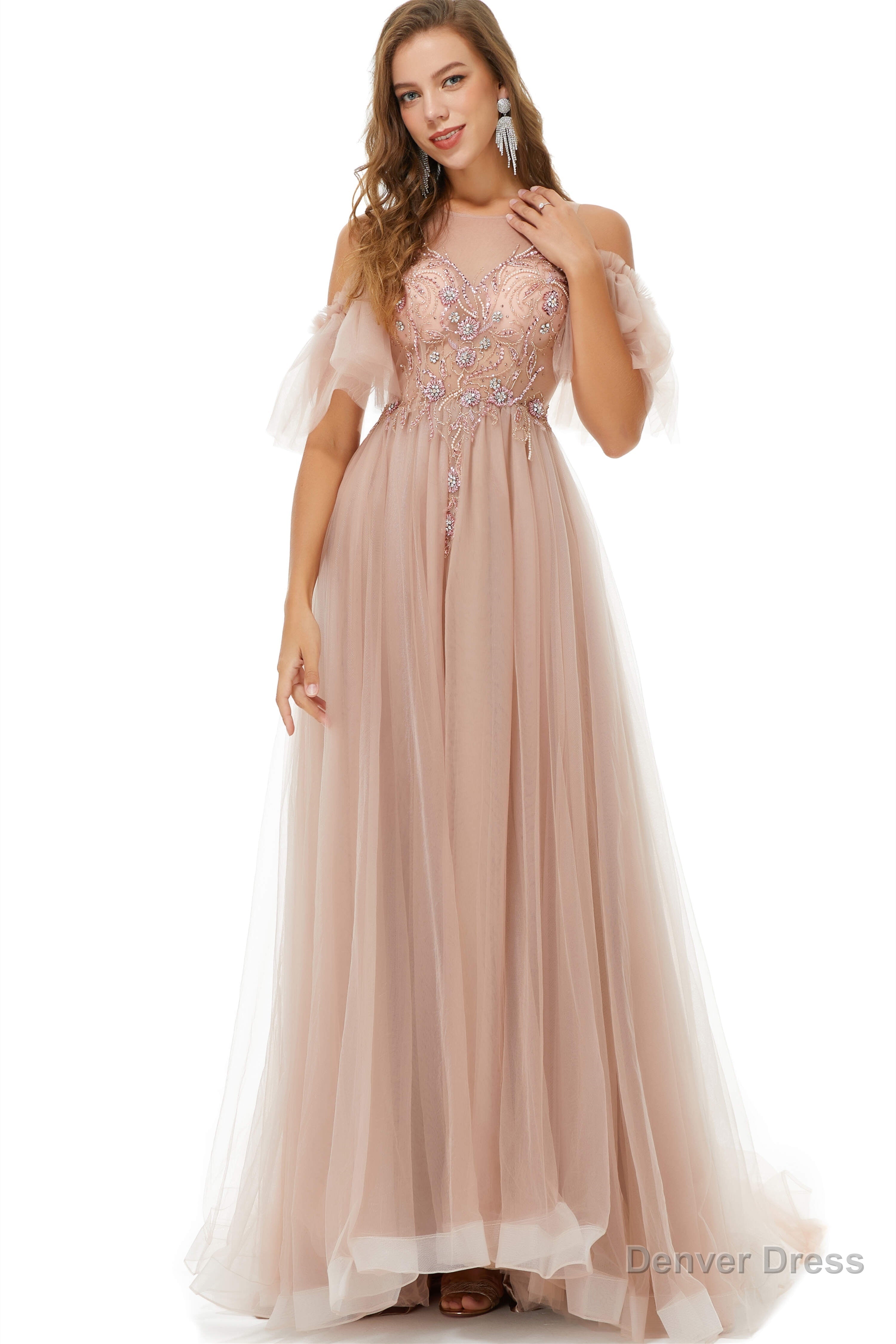 Sparkle Beaded Cool Shoulder A Line Beaded Prom Dresses