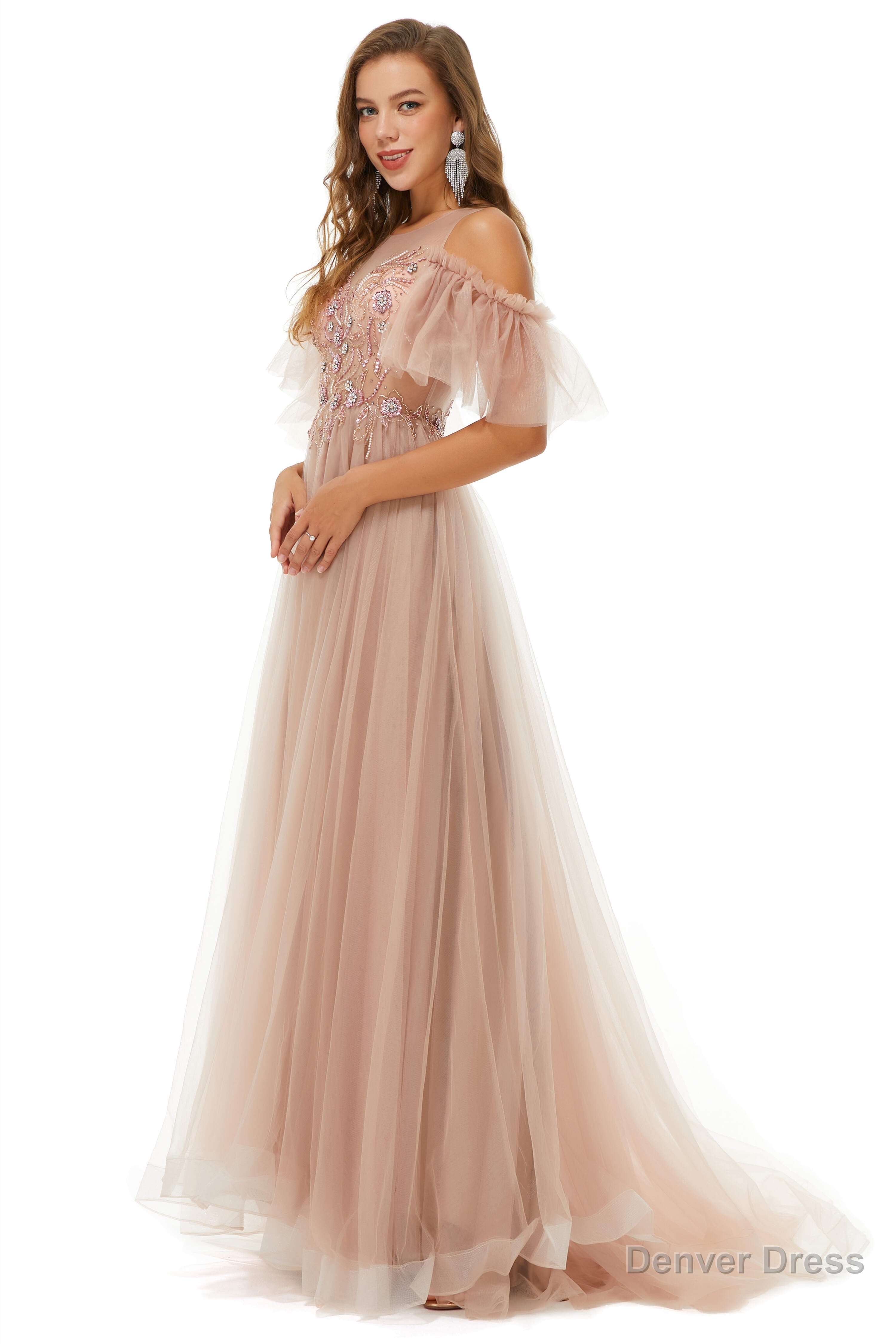 Sparkle Beaded Cool Shoulder A Line Beaded Prom Dresses