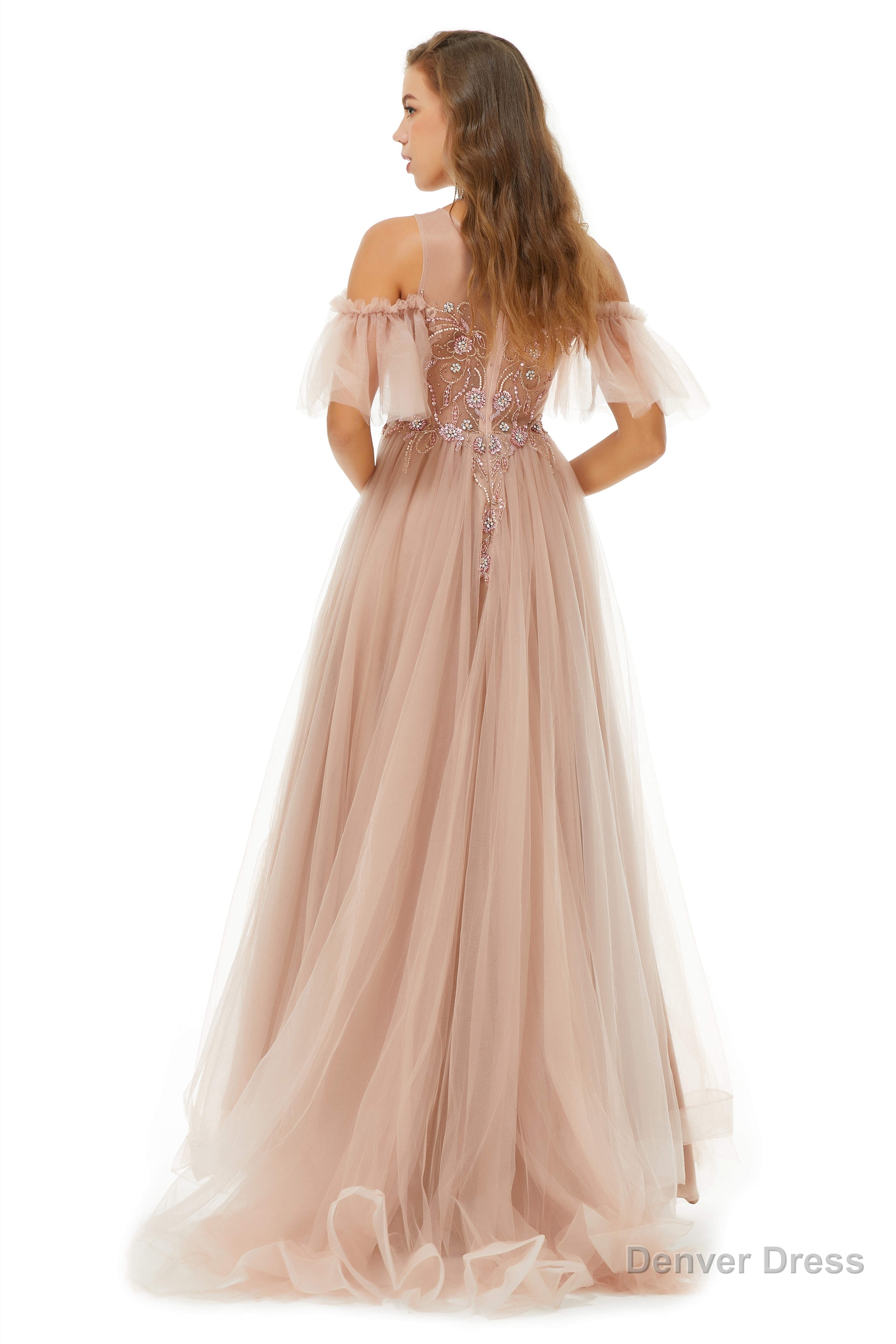 Sparkle Beaded Cool Shoulder A Line Beaded Prom Dresses
