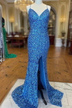 Sparkle Blue Sequin  Prom Dresses Iridescent Mermaid Long Formal Dresses Side Slit