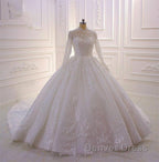 Sparkle Lace Ball Gown High Neck Tull Long Sleevess Wedding Dresses